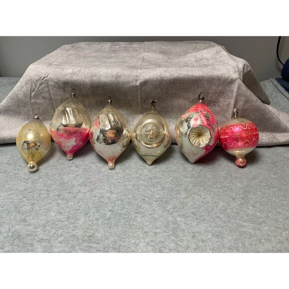 Vintage Mercury Glass Teardrop Christmas Ornaments Set of 6 Pink/Silver - Picture 1 of 10